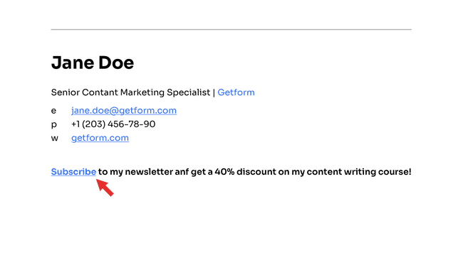 Example of email signature with a link to an email capture landing page