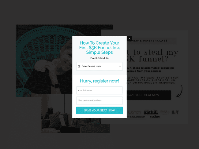Masterclass signup popup example used on a landing page